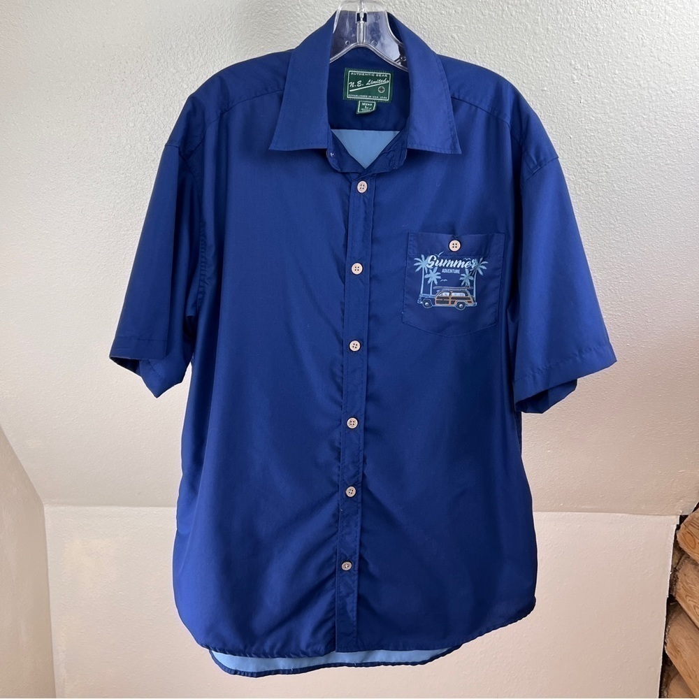 N.E.LIMITED Button Down Shirt w/button graphic pocket. Large ‘Summer Adventure’